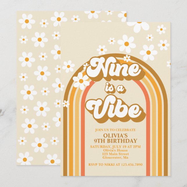 Invitación Retro Arcoíris Nueve es una Vibra Retro 9 Cumpleañ (Anverso / Reverso)