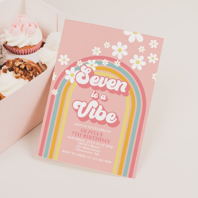 Invitación Retro Arcoíris Siete es una Vibra Groovy 7º Cumple (Subido por el creador)