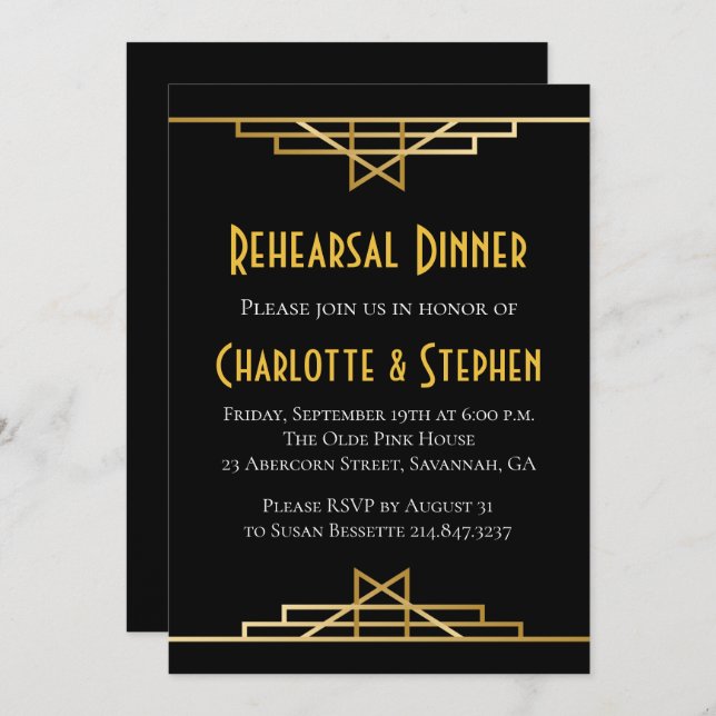 Invitación Retro Art Deco Gran Gatsby Gold & Black Boda (Anverso / Reverso)