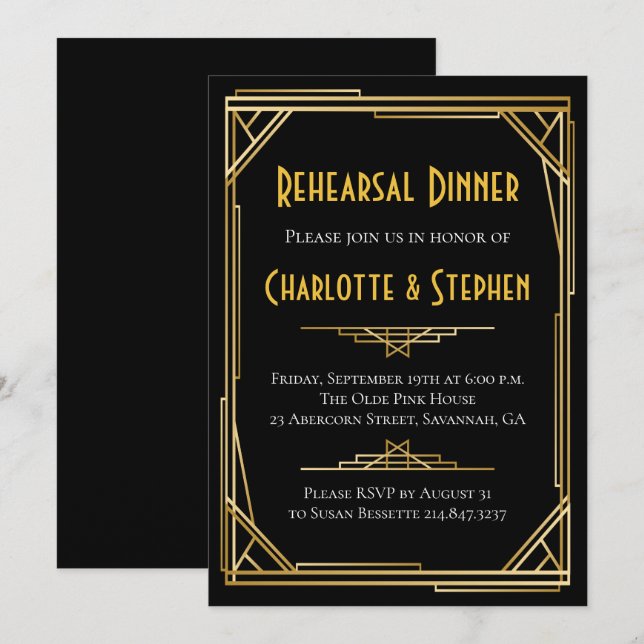 Invitación Retro Art Deco Gran Gatsby Gold & Black Boda (Anverso / Reverso)