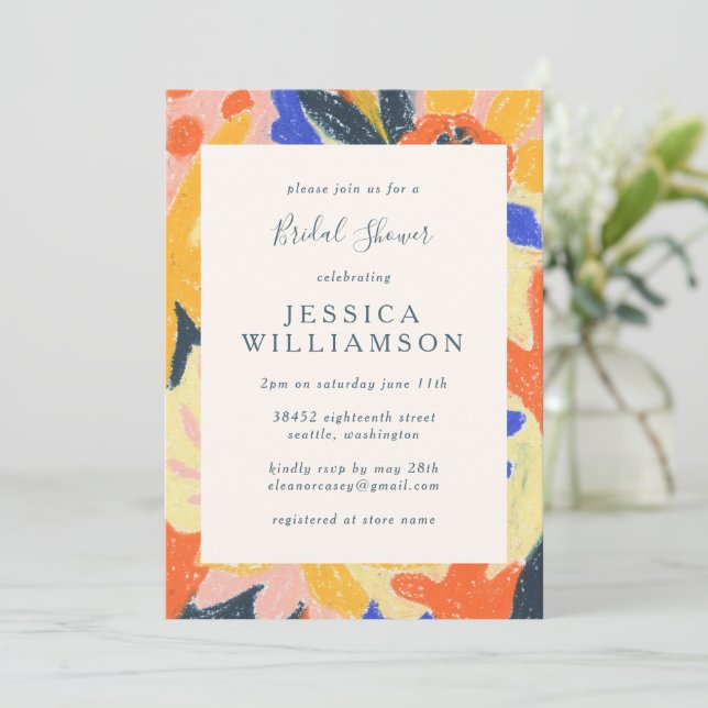 Invitación Retro Artsy Resumen Ducha Botánica de Novias (Anverso de pie)