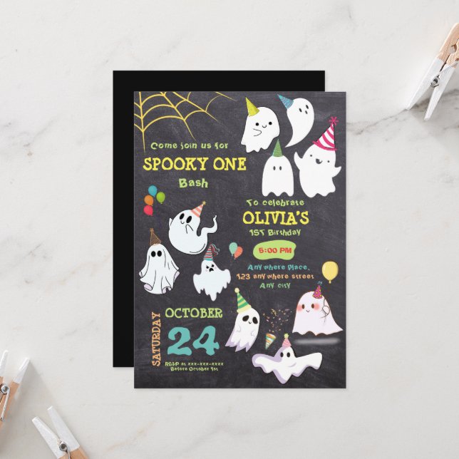 Invitación Retro asustado un primer cumpleaños de Halloween (Anverso/Reverso In Situ)