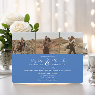 Invitación Retro azul francés Elegante 4 Fotos boda de guión