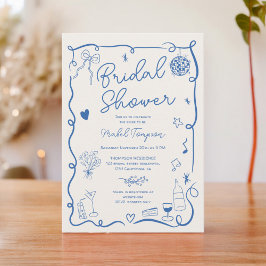 Invitación Retro azul mano ilustrado ducha de novia