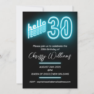 Invitación Retro azul neón resplandor 30 cumpleaños Fiesta