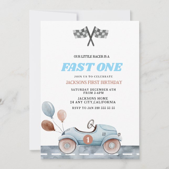 Invitación Retro Azul Rápido un Niño 1er Cumpleaños Coche Niñ (Anverso)