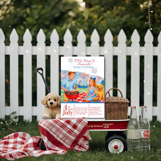 Invitación Retro BBQ produce fuegos artificiales Picnic 4 de  (Retro BBQ Brews Fireworks Picnic 4th of July 250th Invitation)