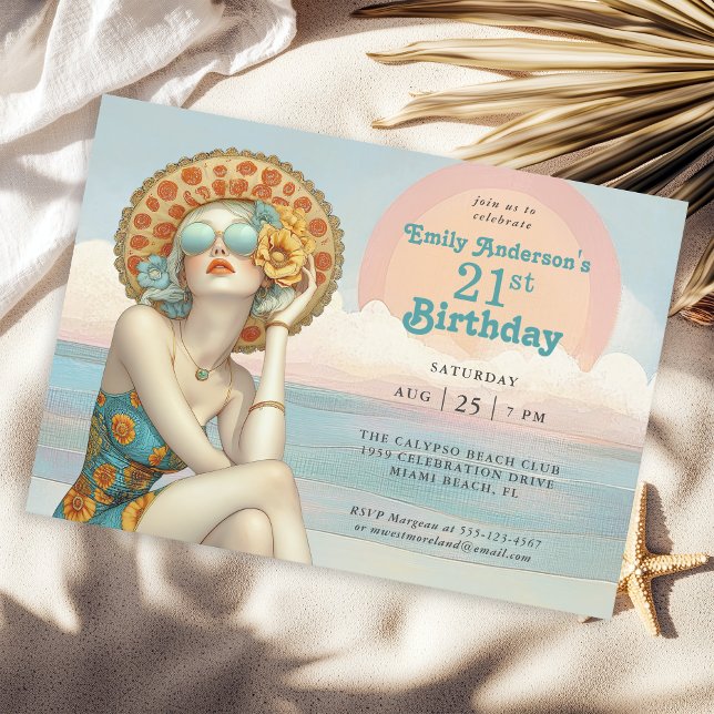 Invitación Retro Beach Glam 21st Birthday Fiesta (Available in both printed and instant download digital formats.)