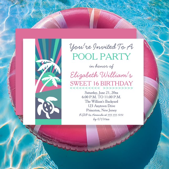 Invitación Retro Beach Sunset Sweet 16 Birthday Pool Fiesta (Pink Retro Beach Sunset Sweet 16 Birthday Pool Party Invitation - Print | Digital Download)
