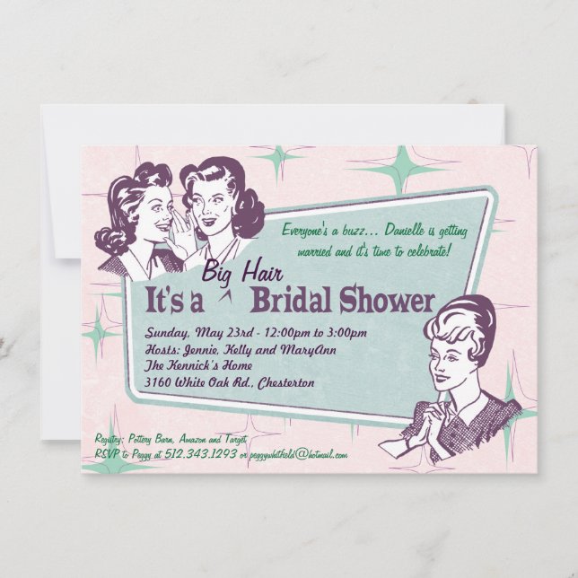Invitación Retro Beehive Hairdo-Big Hair Bridal Shower-smlr (Anverso)