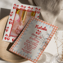 Invitación Retro Berry 1ª foto de fresa dibujada Cumpleaños