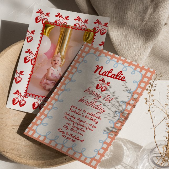 Invitación Retro Berry 1ª foto de fresa dibujada Cumpleaños (Subido por el creador)