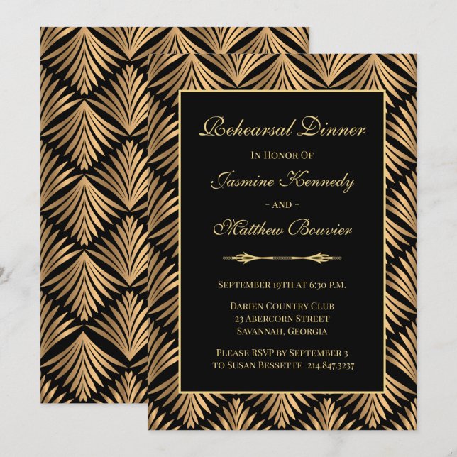 Invitación Retro Black Gold Gatsby Boda Ensayo Cena (Anverso / Reverso)