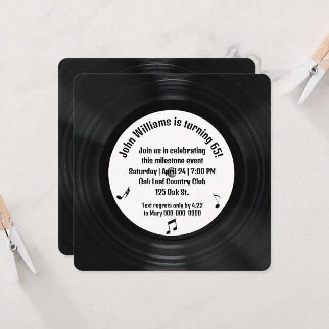 Invitación Rétro Black Vinyl LP Record Fiesta de cumpleaños 6 (Anverso/Reverso In Situ)