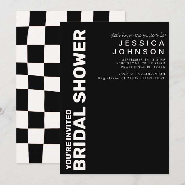 Invitación Retro Black White Checkerboard Brillante (Anverso / Reverso)