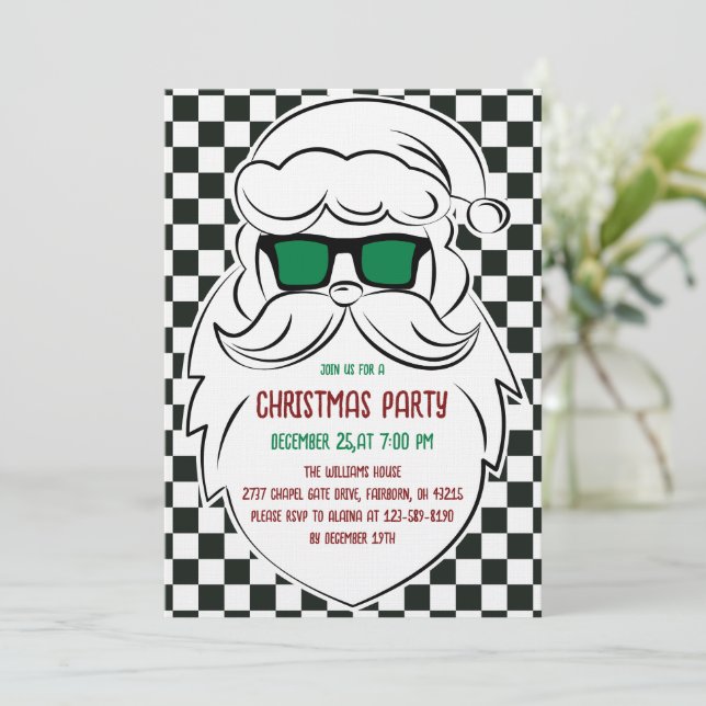 Invitación Retro Black White Checkered Santa Claus Christmas  (Anverso de pie)