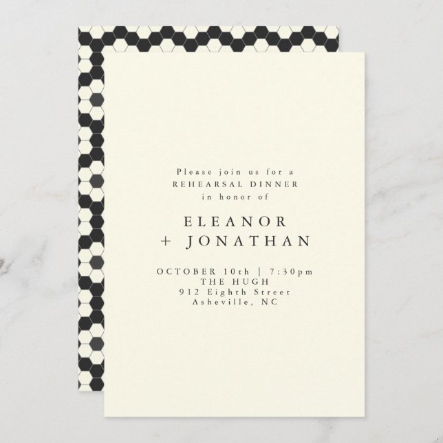 Invitación Retro Black White Geométrica Tile Ensayo Cena (Anverso / Reverso)