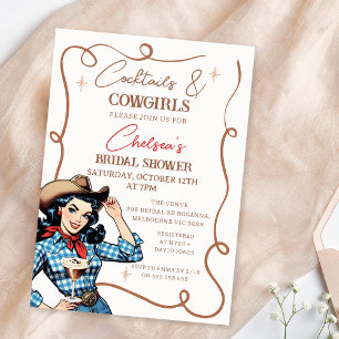 Invitación Retro Blue Brown Cocktails Cowgirls Bridal Shower