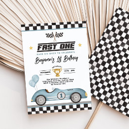 Invitación Retro Blue Fast One Race Car Boy 1er cumpleaños