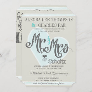 Invitación Retro Blue Mint Mr and Mrs Typography Wedding