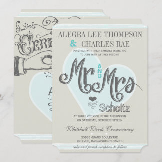 Invitación Retro Blue Mint Mr and Mrs Typography Wedding