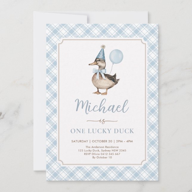 Invitación Retro Blue One Lucky Duck Balloon 1er cumpleaños (Anverso)