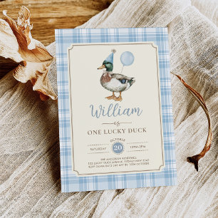 Invitación Retro Blue One Lucky Duck Balloon 1er cumpleaños