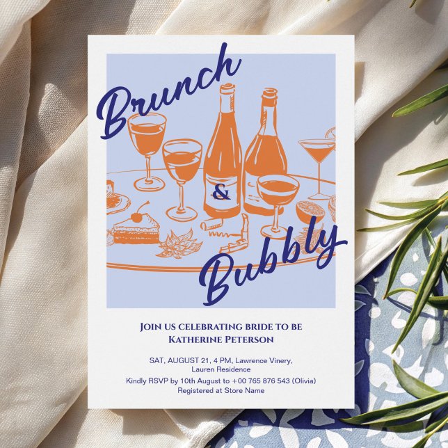 Invitación Retro blue orange “Brunch & Bubbly” Bridal Shower (Subido por el creador)