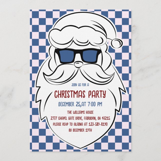 Invitación Retro Blue & Pink Checkered Santa Claus Christmas (Anverso)