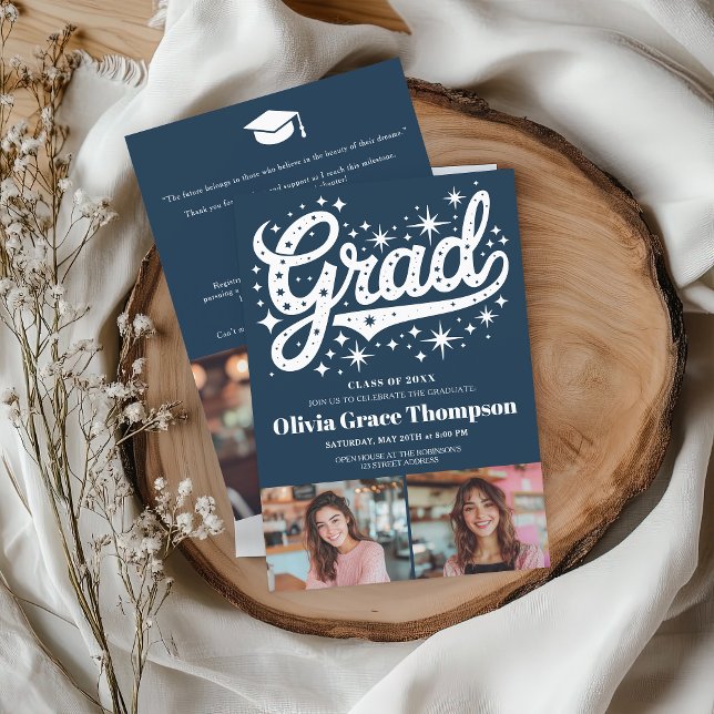 Invitación Retro Blue Script Stars Partido de Graduación de 3 (Retro Blue Script Stars 3-Photo Graduation Party Invitation)
