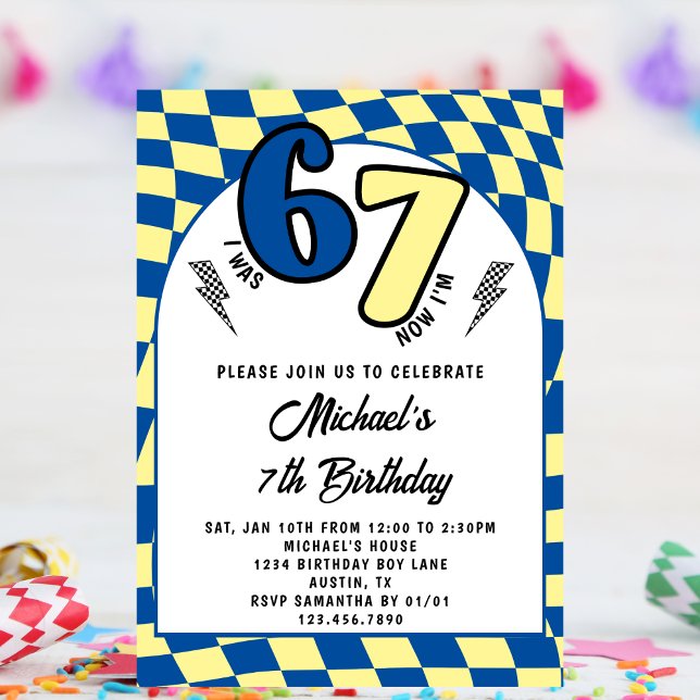 Invitación Retro Blue Yellow Checkered 6 7 Boy 7th Birthday  (Subido por el creador)