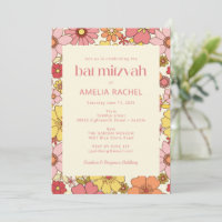 Retro Boho amarillo rosa Floral Groovy Bat Mitzvah