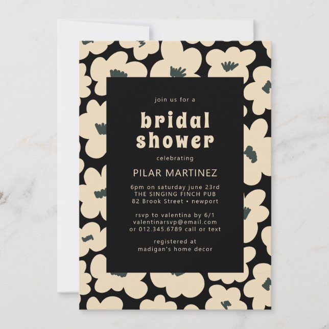 Invitación Retro Boho Black Floral Bridal Shower (Anverso)