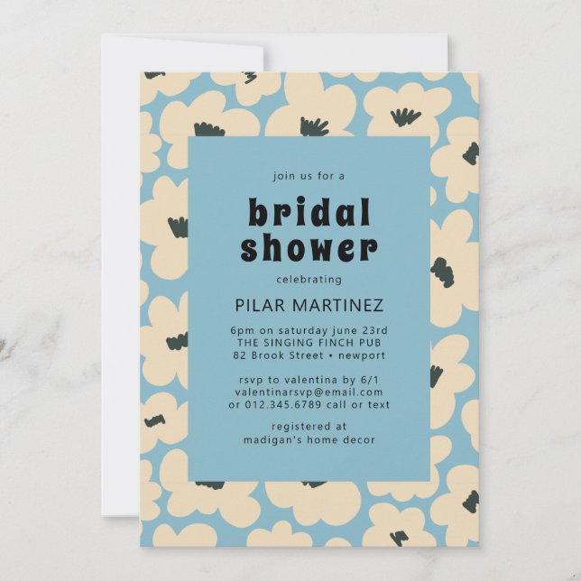 Invitación Retro Boho Blue Floral Blue Floral Bridal Shower (Anverso)