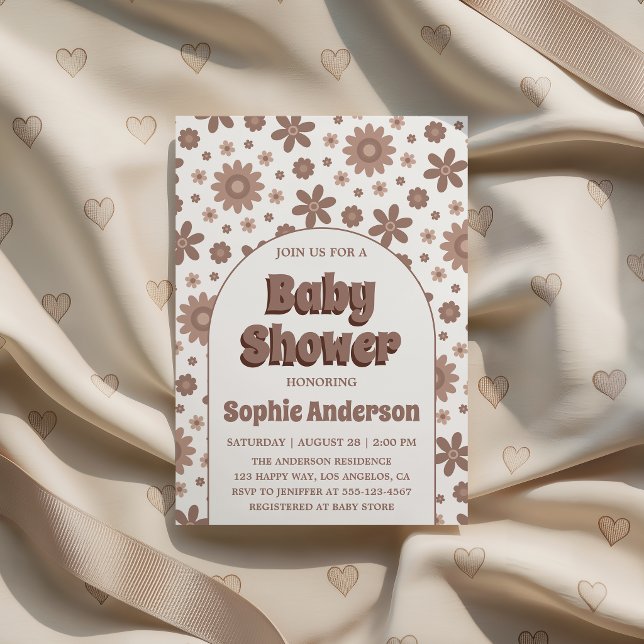 Invitación Retro Boho Brown Arch Daisy Floral Baby Shower (Subido por el creador)