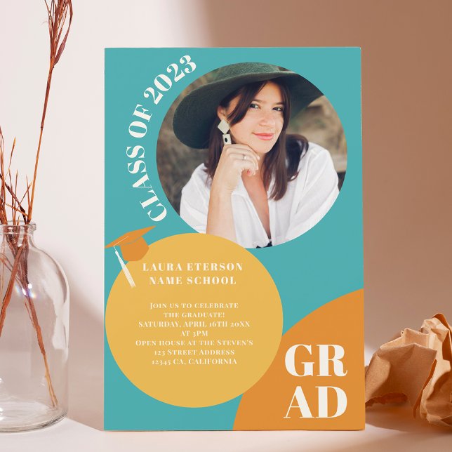 Invitación Retro boho círculo mostaza azul 5 fotos graduación (Subido por el creador)