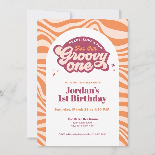 Invitación Retro Boho Cumpleaños Primero Groovy On (Anverso)