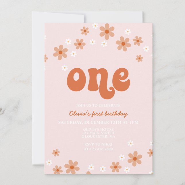 Invitación retro boho cumpleaños uno margarita (Anverso)