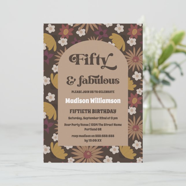 Invitación Retro Boho Floral 50 de los años 1970 y fabuloso c (Anverso de pie)