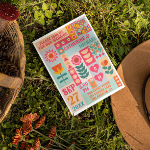 Invitación Retro Boho Floral Bold & Bright QR Code Boda