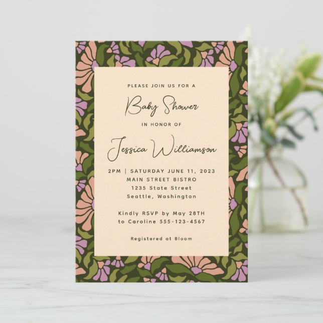 Invitación Retro Boho Green Botany Groovy Baby Shower (Anverso de pie)