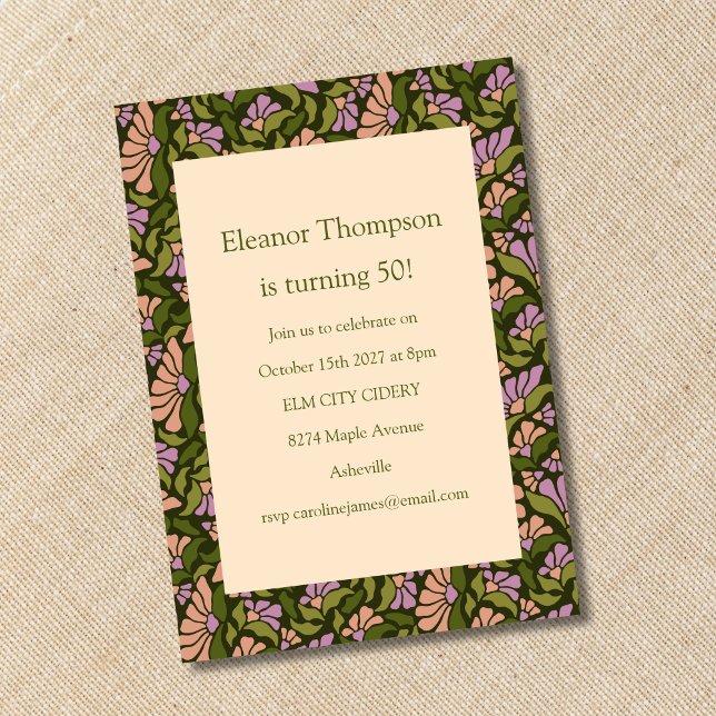 Invitación Retro Boho Green Cute Floral Simple 50 cumpleaños (Subido por el creador)