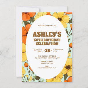 Invitación Retro Boho Naranja Amarillo Floral Lindo Cumpleaño