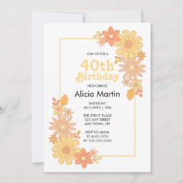 Invitación Retro Boho Naranja Peach Flora Groovy 40 cumpleaño