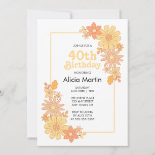 Invitación Retro Boho Naranja Peach Flora Groovy 40 cumpleaño