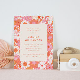 Invitación Retro Boho Naranja rosa Floral Cute Baby Shower