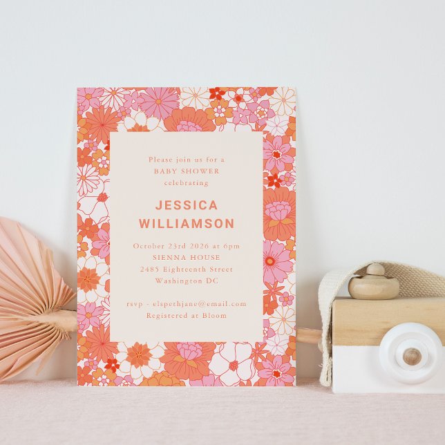 Invitación Retro Boho Naranja rosa Floral Cute Baby Shower (Subido por el creador)
