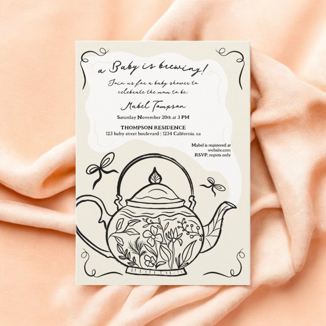 Invitación Retro boho negro arco tetera bebé está preparando  (Retro boho black bow teapot baby is brewing shower invitation)