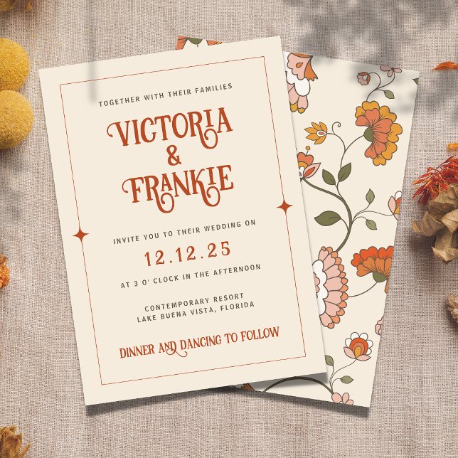 Invitación Retro Boho Rojo Rosa Amarillo Boda de patrón flora (Subido por el creador)