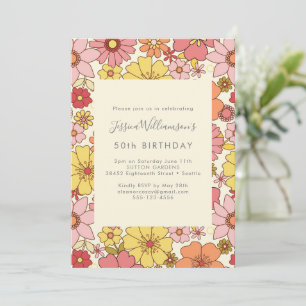 Invitación Retro Boho Rosa Amarillo Floral Groovy 50 Cumpleañ